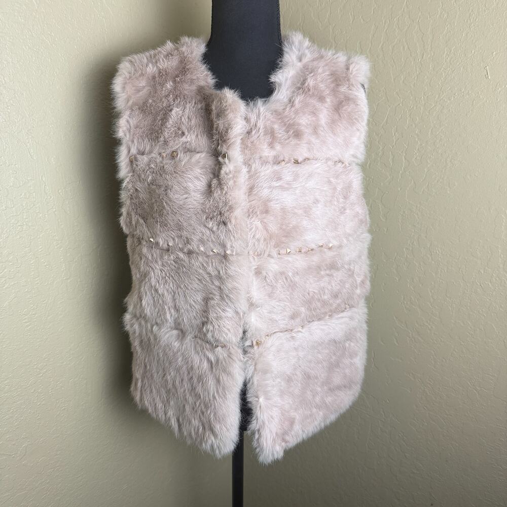 Love Token Women's L Beige Genuine Rabbit Fur Vest Studded Open Front Luxury